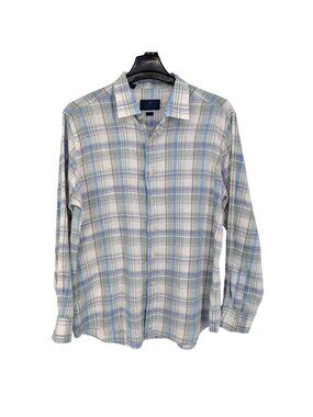 David Donahue Linen Blend Button Up Shirt Resort Preppy Long Sleeve XLarge 17.5